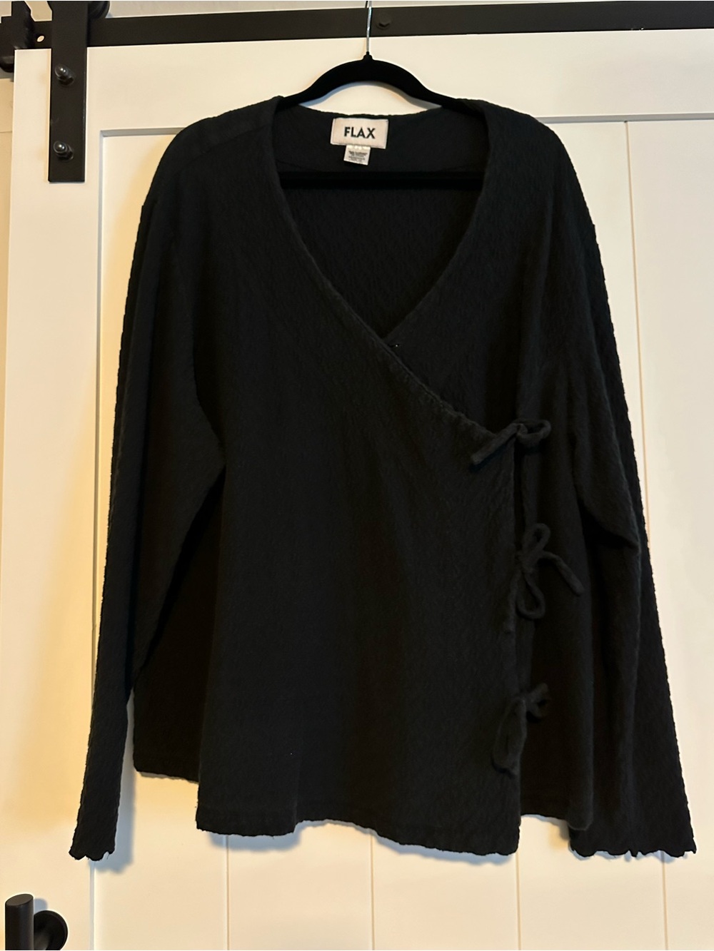 Flax Black Wrap-Style Cotton Tie-Front Long Sleeve Top Size 1G 18/20